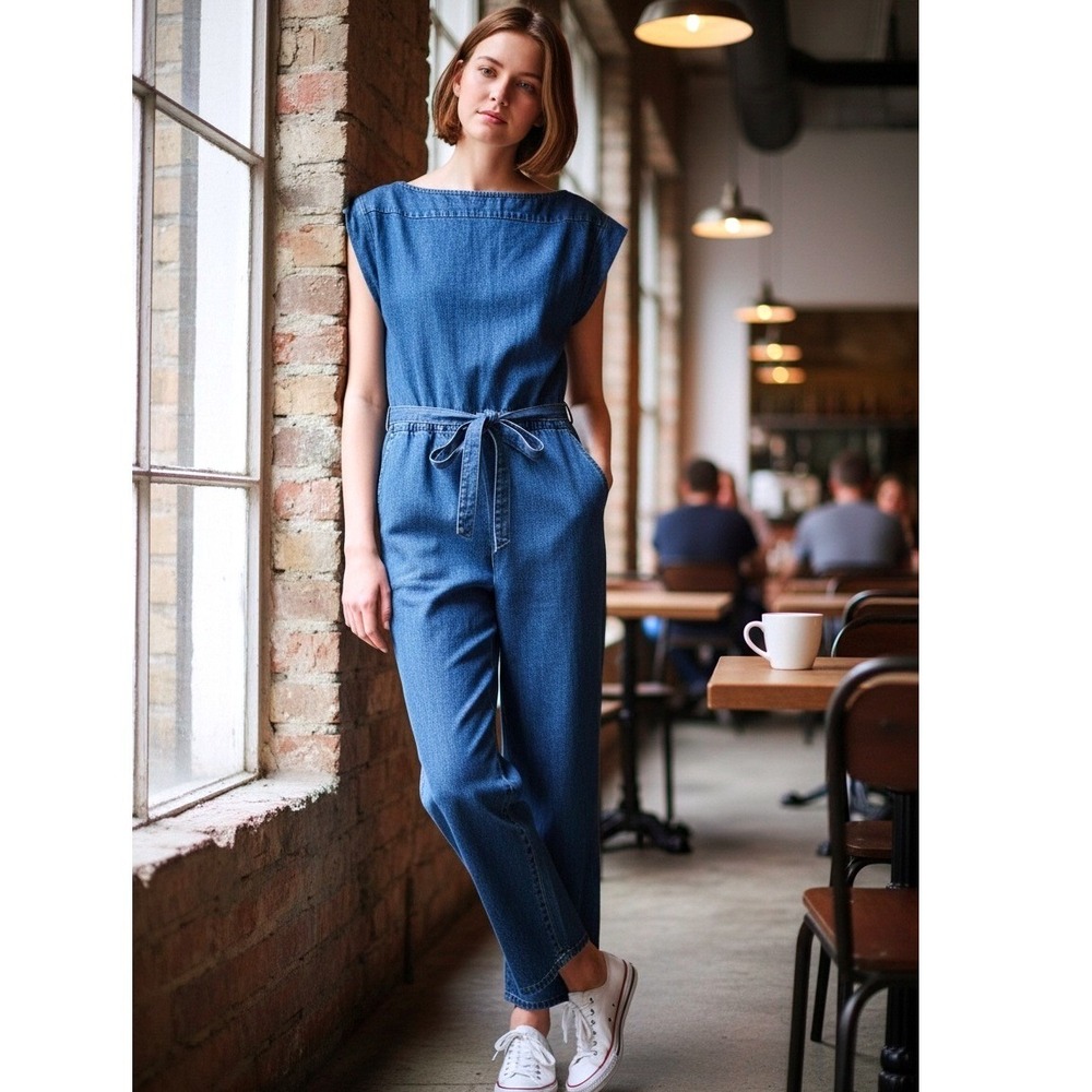 J.Crew Denim Jumpsuit SZ 4 Blue Denim Re-Imagined Belted Boat Neck‎ short sleeve